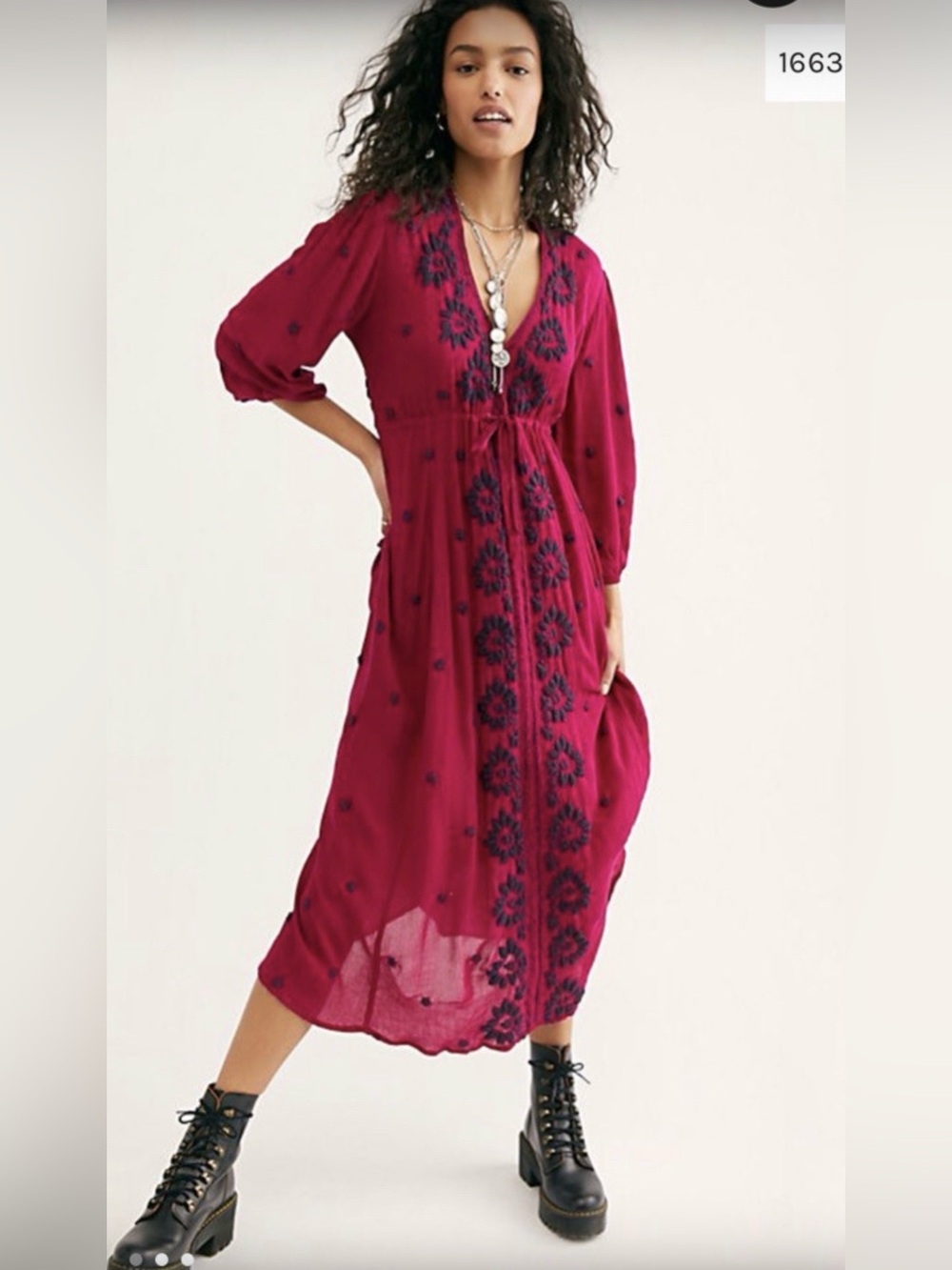 Free People Fable Embroidered Festival Boho Mid Dress Magenta Pink Medium